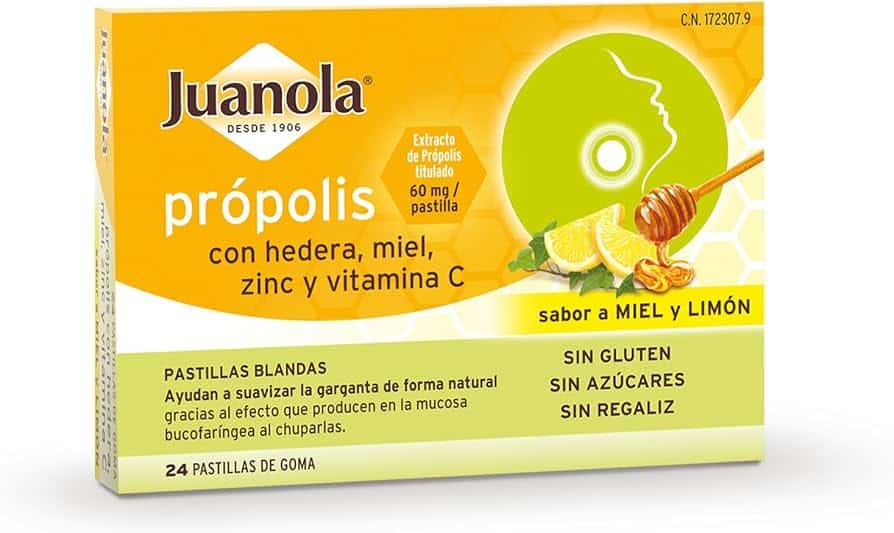 JUANOLA PROPOLIS MIEL HIEDRA ZINC Y VITAMINA C 24 PASTILLAS DE GOMA SABOR MIEL Y LIMON